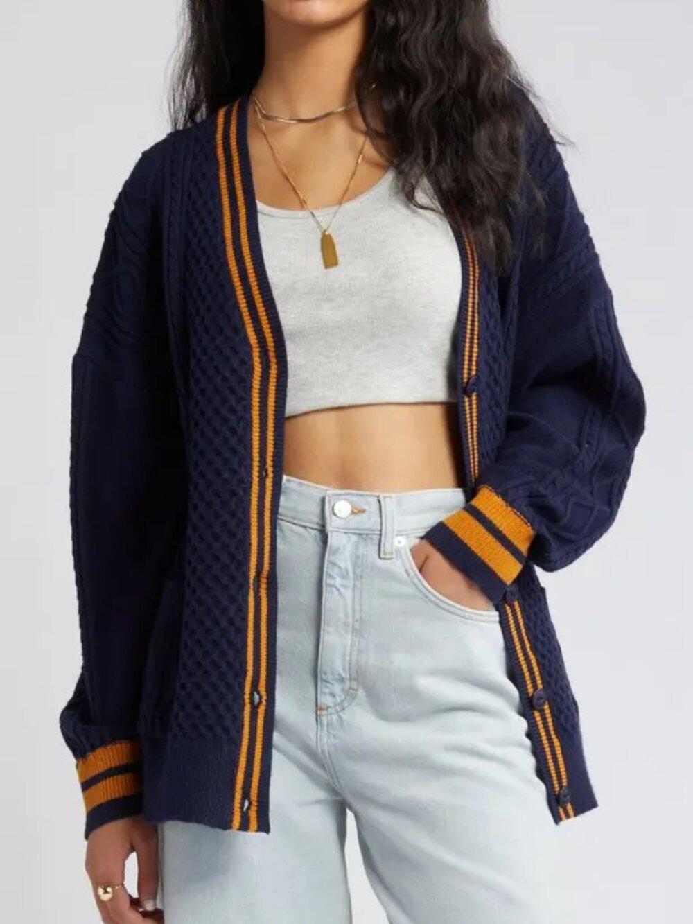 VIGOSS 79.00 MIXED CABLE VARSITY CARDIGAN SZ M